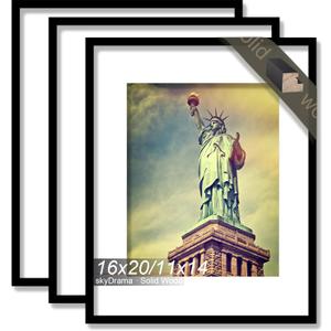 Solid Wood 16x20 Picture Frame with Black Wood Grain 3 Packs | 16 x 20 Frame Display Photo 16by20 inch without Mat or 11x14 with Mat Tabletop and Wall Mount Horizontally/Vertically