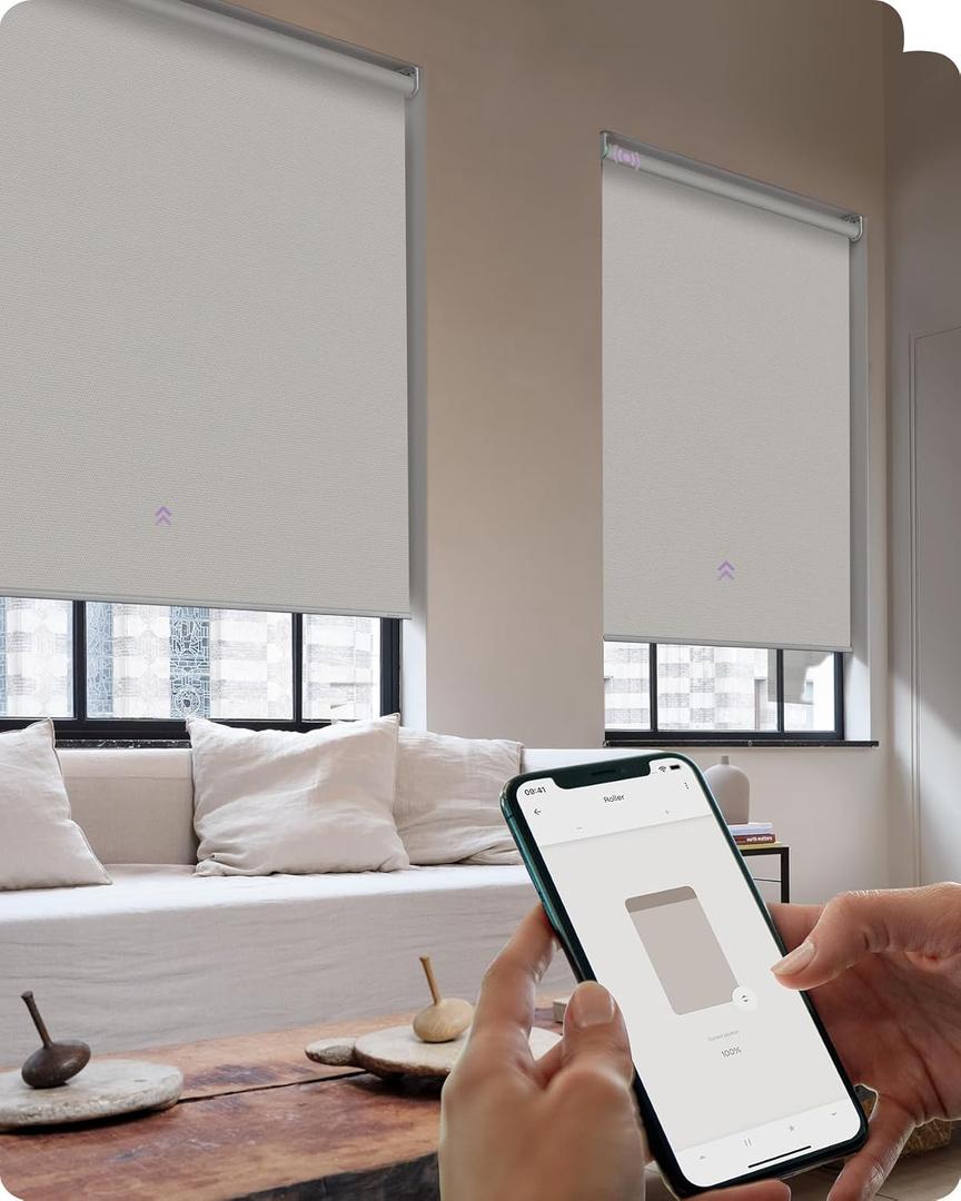 Graywind Smart Roller Shades 100% Blackout Window Blinds with APP Control Customized Automatic Shades for Home and Office(Custom Size,White) (4.5"W x 35"H, Cross Texture-white)