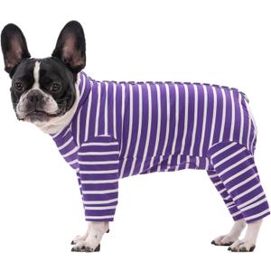 Dog Surgery Recovery Suit for Female Male Puppy,Bodysuit Long Sleeve Prevent Shedding and Licking Wound,Pajamas,E-Collar Cone Alternative(Purple White Stripe-L)