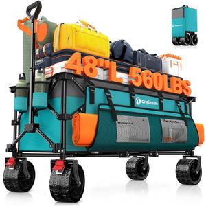 48" L Collapsible Wagon Cart Foldable, 560lbs Weight Capacity 300L Heavy Duty Folding Beach Wagons with Big All-Terrain Wheels, Utility Carts for Groceries, Shopping, Camping, Sports - Grey&Turquoise