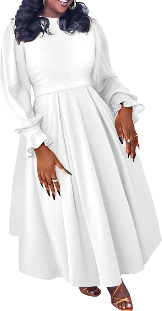 Women's Plus Size Maxi Dress Ruffle Pleated Praise Dance Dress African Long Dresses Cocktail Party (4X-Large, White)