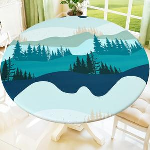 Moosfor Spandex Elastic Fitted Round Tablecloth for 31"-35" Tables, Stretch Washable Reusable Table Cover for Outdoor Picnic, Camping, Dining, Kitchen, Patio and Party, Forest (Green)
