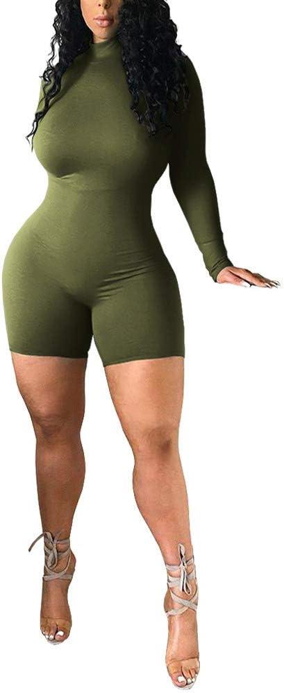 Women's Long Sleeve One Piece Bodycon Short Pants Jumpsuits Rompers High Neck Sexy Bodysuits (Large, Army Green)