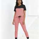 HBQ Women's Color Block 2 Piece Outfits Summer Travel Tracksuit Short Sleeve Tops High Waisted Jogger Pants Lounge Sets-Pink-(S)