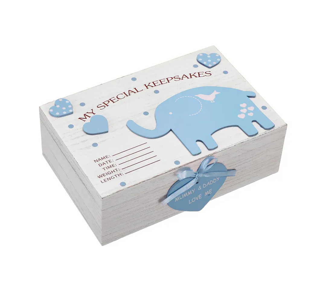 Soaoo 3D Wooden Baby Boys Memories Keepsake Box Baby Girls Elephant First Keepsake Box New Parent Newborn Baptismal Birthday Gift for Mementos 11.81'' x 7.87'' x 3.94''(Blue)