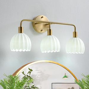 Brushed Gold 3-Light Vanlity Light Over Mirror, Wall Sconces, Gold Brass Bathroom Light Fixture with White Glass Flower Shade,E26 Socket (Bulbs Not Included)