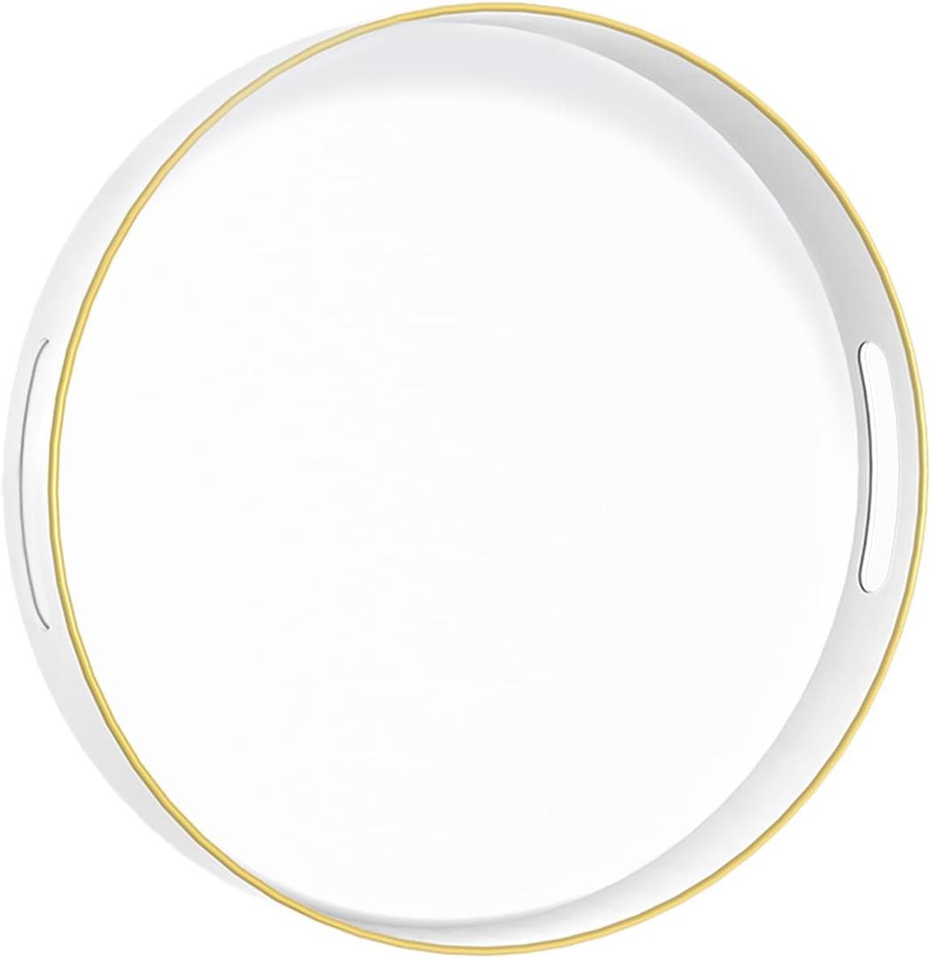 MAONAME White Decorative Tray for Coffee Table, Modern Round Serving Tray with Handles, 13" Plastic Tea Trays for Ottoman, Bathroom Decor