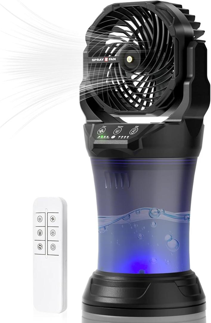 Portable Misting Fan with 30000mAh Battery, 2L Water Tank, Remote Control, RGB Light  4 Wind Speeds, 4 Spray Modes (Continuous/3S/5S/7S), 120 Adjustable, Ideal for Camping, Patio & BBQ