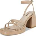 ISNOM Narrow Feet Nude Platform Heels for Women Comfy Strappy Heels Short Block Chunky Sandals Ankle Strap Simple Summer Heeled Sandals Square Open Toe for Wedding Work Party Dress Prom Size 10 (Beige, M)