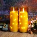 Sasigeiaa Waterproof Outdoor Candles with Timer & Remote - Battery Operated LED Candles, Realistic Flameless Plastic Pillar, Pack of 2 (4" D x 10" H, Gold) for Patio, Garden Camping Rainy Weather