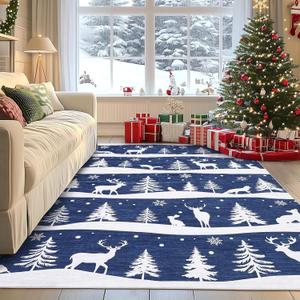 GarveeHome Blue 5x7 Area Rugs for Living Room, Washable Rug for Home Decor, Indoor Non Slip Carpet, Soft Low Pile Christmas Rug with Xmas Tree Reindeer Snowflake for Bedroom, Dining Room
