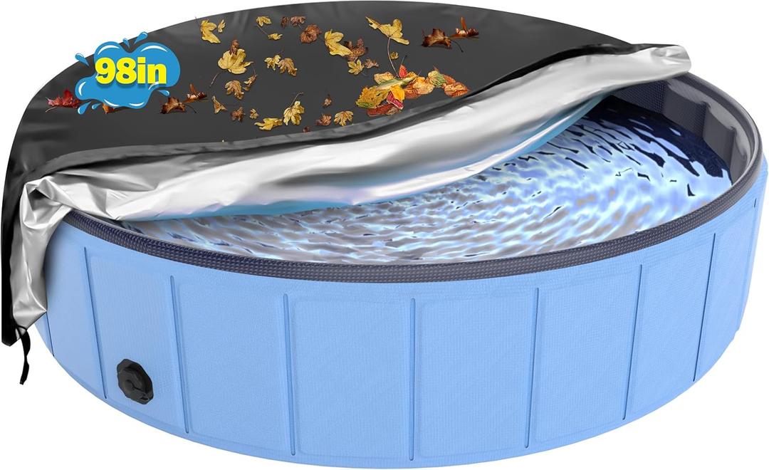 Large Foldable Dog Pool Cover, Hyperzoo 98 Inch Waterproof Round Pet Pool Cover with Drawstring to Keep Leaves Out, Tear-Resistant Collapsible Dog Swimming Pool & Kiddie Pool Cover for Outdoor