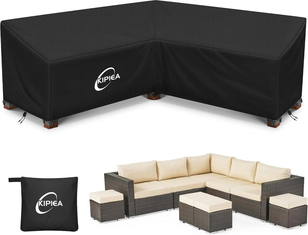 Kipiea Patio V-Shaped Sectional Sofa Cover, 420D Heavy-Duty Oxford Fabric Outdoor Sectional Cover with 6 Windproof Buckles, Anti UV and No Tears, No Fading (105"/105" L x 33.5" D x 31" H) Black