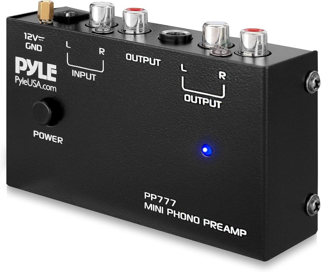 Pyle Mini Phono Turntable Preamp - Stereo Preamplifier with RCA Input/Output - Low Noise - Powered by 12V DC Adapter - Ideal for Vinyl & Phonographs - PP777