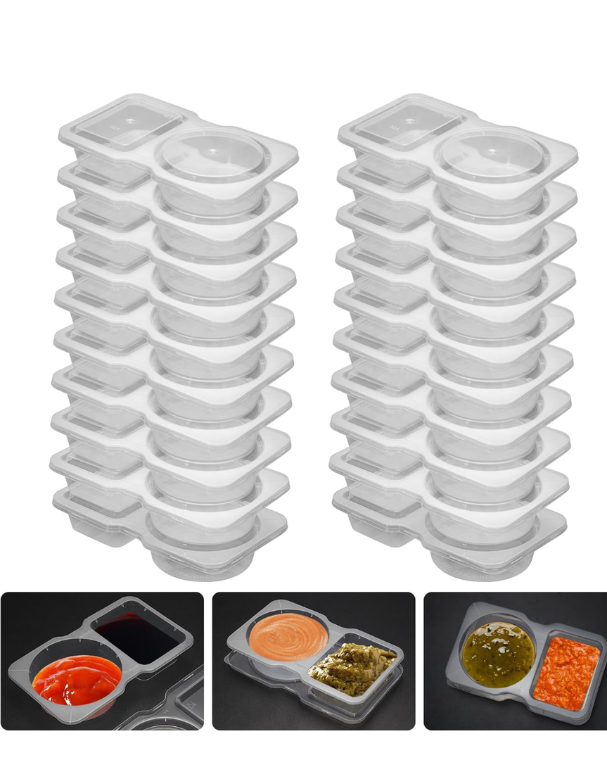 20 Set Reusable Snack Containers, 2-Compartment Dipping Containers with Lid for Refrigeration, Portion Control, Outdoor Takeaway Sauce Dip Case