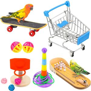 Skylety 10 Pcs Bird Training Toys Parrot Intelligence Accessories Include Bowling Basketball Toy Rings Shopping Cart Skateboard Bell Ball for Parakeet Cockatiel Macaw Parrot, Random Color