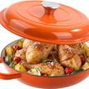 3 Quart Enameled Cast Iron Braiser, Non Stick Enameled Cast Iron Skillet with Lid, Dutch Oven Skillet with lid up to 500F for Oven, Stove, Grill, Shallow Dutch Oven for Cook, Bake (Orange)