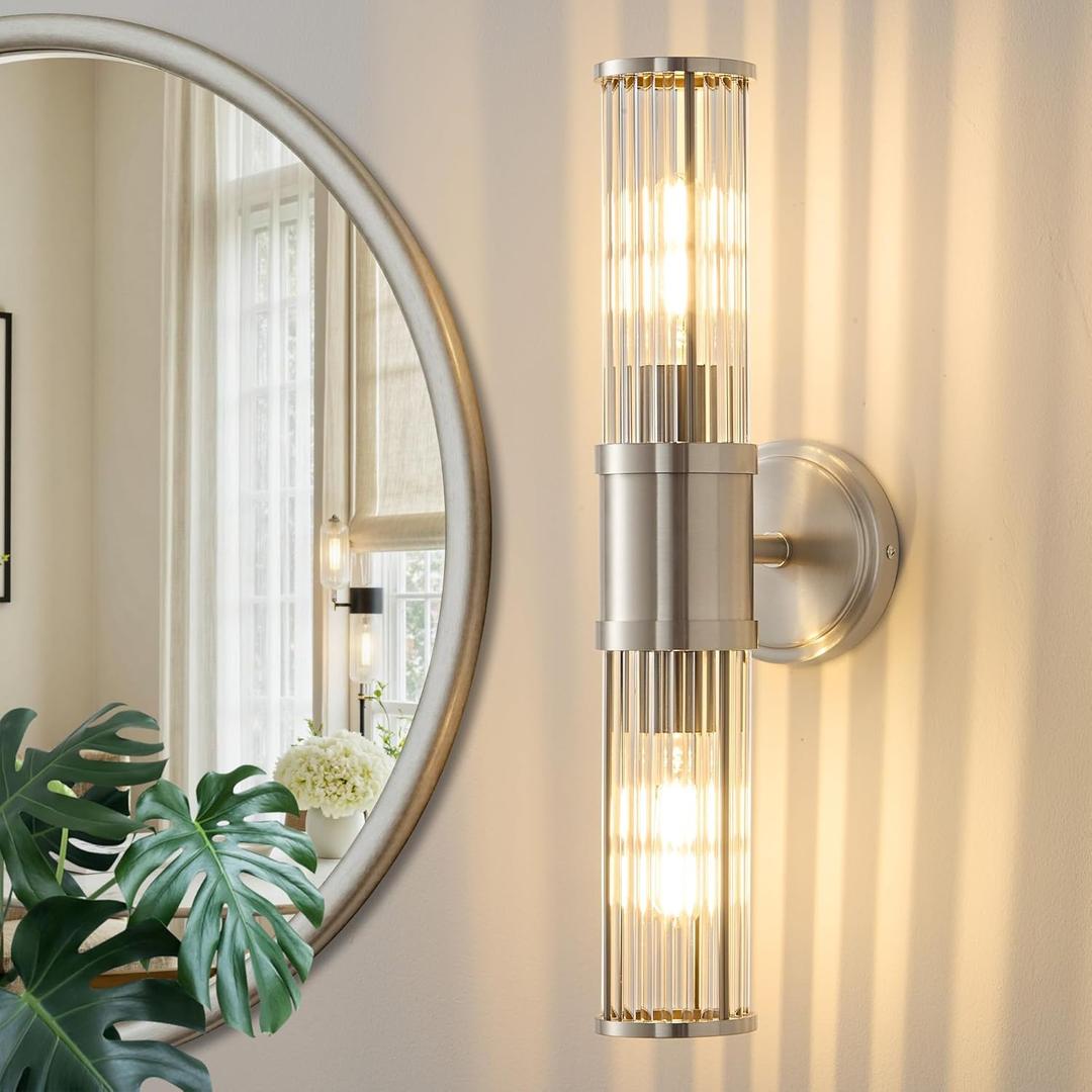 Brushed Nickel Wall Sconce Bathroom Vanity Light Fixtures for Mirror, Modern Wall Light with Glass Rod Shade for Bathroom, Bedroom, Hallway, Living Room - Bulb Not Included