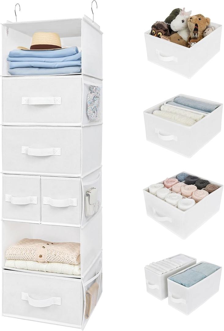 GRANNY SAYS Hanging Closet Organizer and Storage, 6 Shelf Clothes Organization with Drawers, 6 Side Pockets Closet Hanging Shelves for Bras, Socks, Underwear, Nursery Room, Wardrobe, White, 1-Pack (Inseparable)