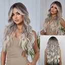 Women Long Ombre Grey Wavy Wigs with Black Root 26 Inch Charming Wigs Natural Looking Synthetic Heat Resistant Fiber Wig for Daily Party Use