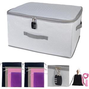 Lockable Adult Toy Storage Organizer Lock Box Toy bags container case with 8 Drawstring Bags 4 Sizes, Large capacity 17.7 x 13.8 x 9.8 Inches (Gray Stripes)