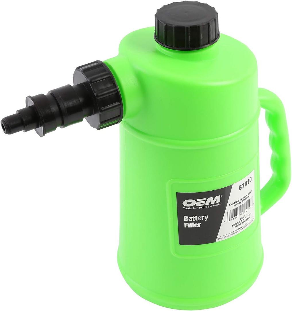 OEMTOOLS 87010 Battery Filler, 2 Liter Battery Water Filler, Distilled Water Jug with Auto Shutoff Nozzle, Spill Prevention, Heavy Duty Polyethylene Container