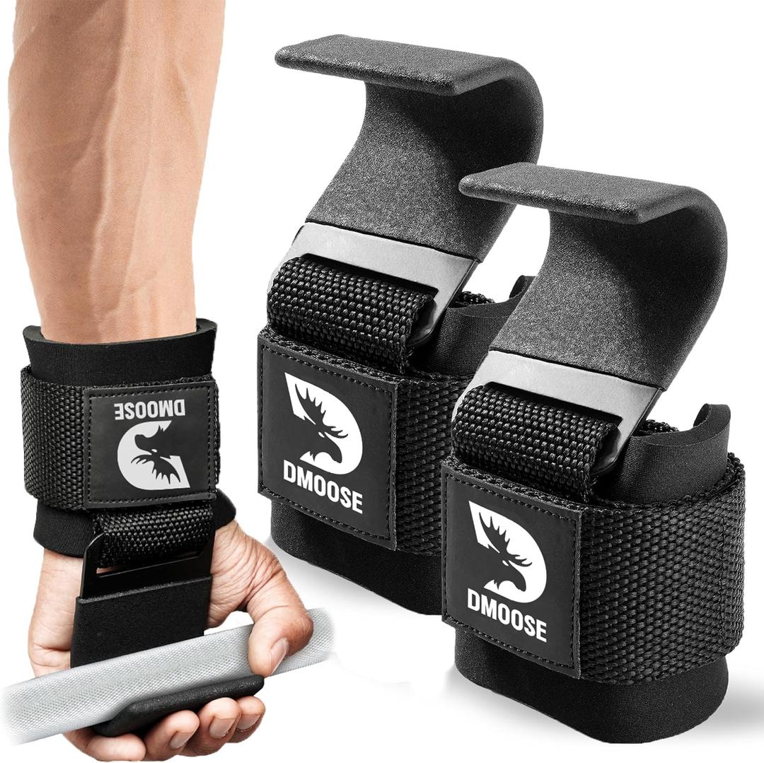 DMoose Fitness Weight Lifting Hooks (Pair) for Deadlifts, Pull Ups, Rows & Shrugs - Anti-Rip Nylon Strap Hand Grips with Thick Wrist Padding - Heavy Duty Wrist Straps for Weightlifting & Gym Workouts