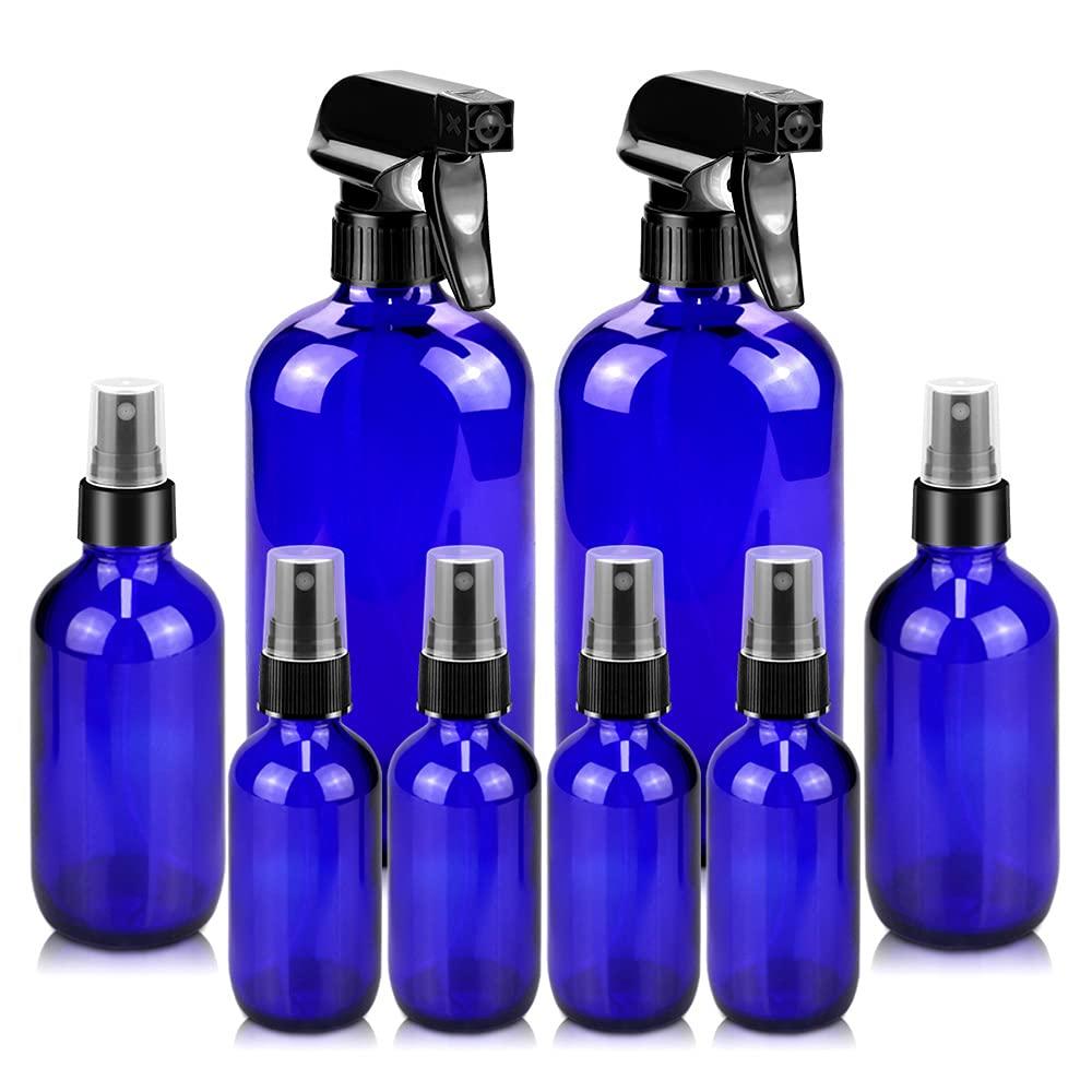Worldgsb Glass Spray Bottles, 16oz*2+4oz*2+2oz*4 Refillable Containers, Empty Boston Round Bottles with Adjustable Nozzle for Cleaning, Gardening, Aromatherapy, Pets, Plant, Hair - Blue