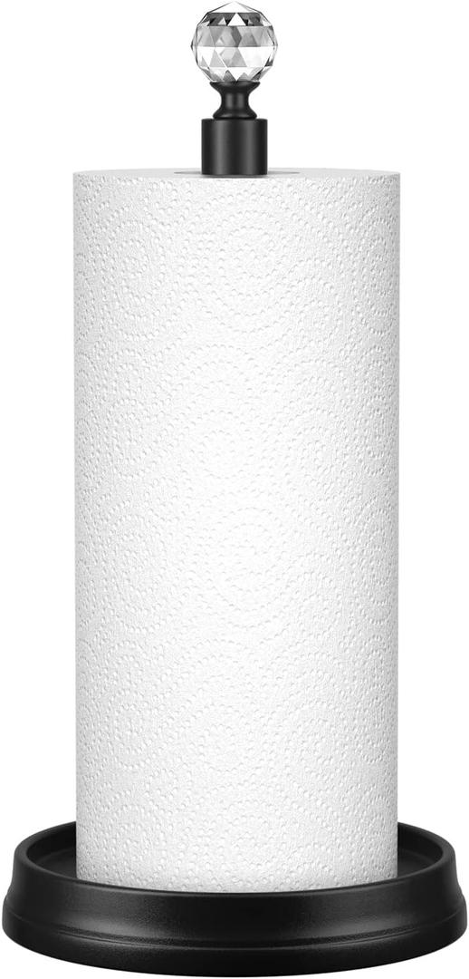 KASUNTO Crystal Head Paper Towel Holder - Steel Countertop Stand for Kitchen, Bars & Dining Tables - Fits Standard & Jumbo Rolls - Matte Black