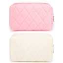 SOIDRAM 2 Pieces Makeup Bag Checkered Cosmetic Bag Plush Pink White Makeup Pouch Travel Toiletry Bag Organizer Cute Makeup Brushes Storage Bag for Women