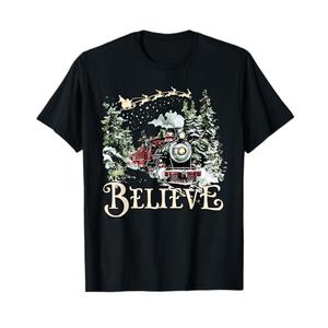 Believe Christmas Trains Xmas Santa Family Pajamas Holiday T-Shirt, S