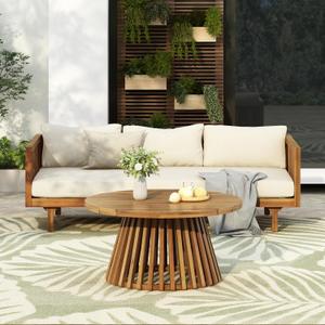 Merax Outdoor Acacia Wood Conversation Set, 3-Seat Loveseat Sofa w/Coushion and Round Coffee Table for Backyard, Patio Furniture, Teak+Beige (2-Piece) Merax Outdoor Acacia Wood Conversation Set, 3-Seat Loveseat Sofa w/Coushion and Round Coffee Table for Backyard, Patio Furniture, Teak+Beige (2-Piece)