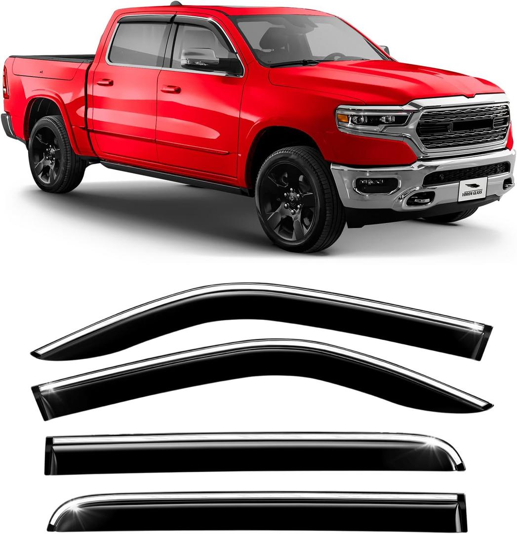 Voron Glass Chrome Trim Tape-on Extra Durable Rain Guards for Dodge Ram 1500 2019-2025 Crew Cab, Window Deflectors, Vent Window Visors, 4 Pieces - 120236