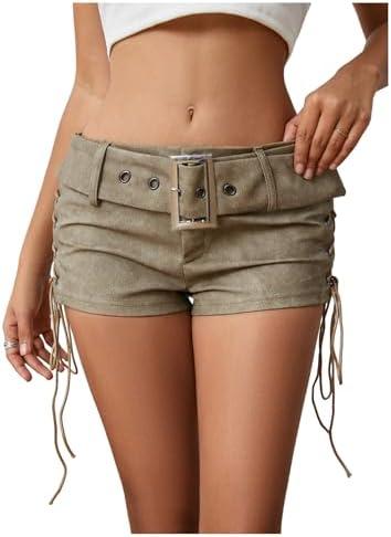 MakeMeChic Women's PU Leather Lace Up Ruched Tie Side Micro Shorts Low Waist Belted Festival Rave Mini Short XS