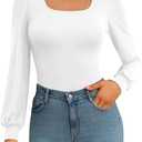 Square Neck Womens T Shirts Puff Sleeve Shirts for Women Long Slim Fitted Tee Tops S