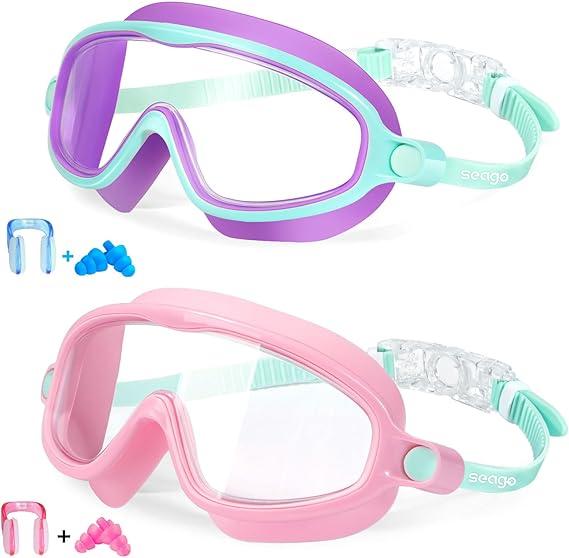 Kids Goggles for Swimming 2 Pack No Leaking AntiFog Outer Eye Fit with Wide View UV Protection Crystal Clear Watertight Swim Goggles with nose cover Suitable for Children Youth Boys Girls Age 3 to 14