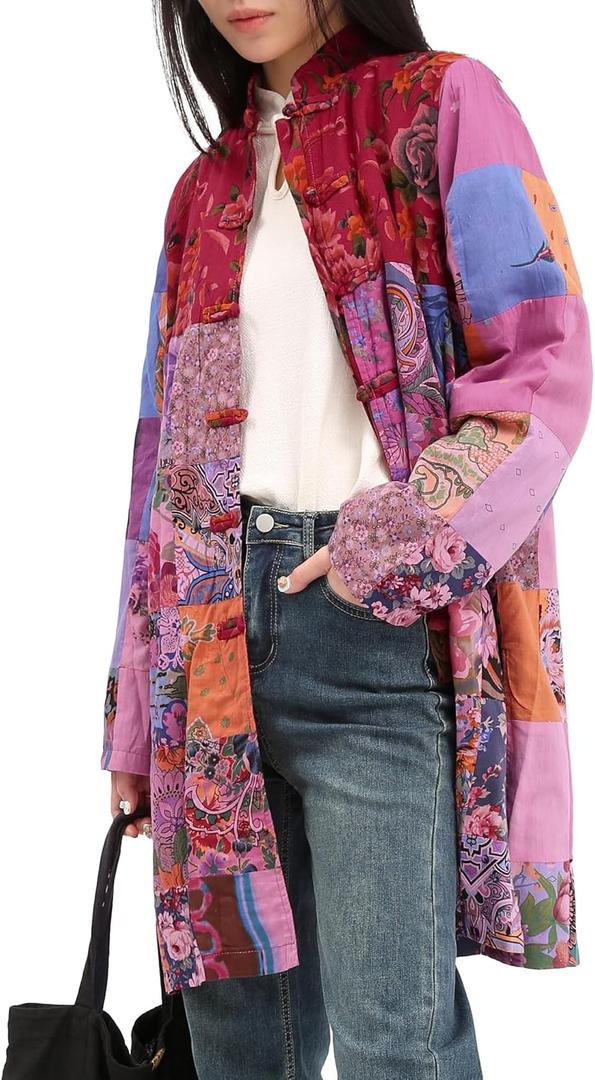 Women's Patchwork Jacket, Boho Floral Lightweight Spring Fall Coat, Artistic Vintage Bohemian Outerwear (M)