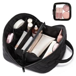 LOVEVOOK Travel Makeup Bag for Women, 2Pcs Puffer Waterproof Cosmetic Organizer, Large Capacity Pouch Open Flat Small Toiletry Bag with Brush Compartment & Handle (Black, Medium)