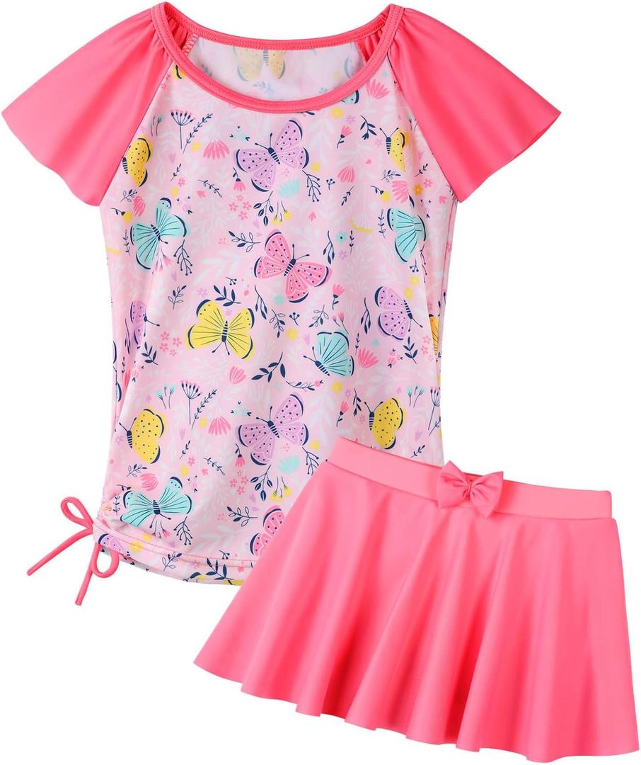 Girls Rash Guard 2 Pieces Bathing Suit UPF50+ Swimsuit with Swimming Skirt Swimwear 6Y (Pink)