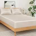 NSGZ 2 Pcs Satin Fitted Sheet and Pillowcase Set, Twin Silky Bottom Bedsheet Fit up to 15 Inch Deep Pocket Mattress, Beige Soft Satin Bedding Includes 1 Fitted Sheet and 1 Pillowcases