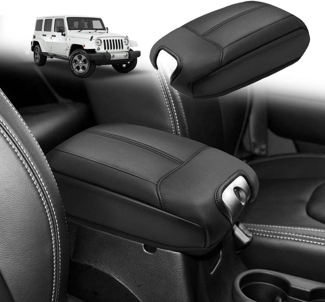 Muslogy Center Console Armrest Cover Fit for Jeep Wrangler JK JKU 2011-2017 Accessories, Comfort Armrest Pad Console Lid Cushion Vegan Leather Regular Thick
