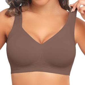 PoseFree Womens Seamless Wireless Supportive Bra Push Up Comfort Soft No Underwire Full Coverage T-Shirt Bra (X-Large, Coffee)