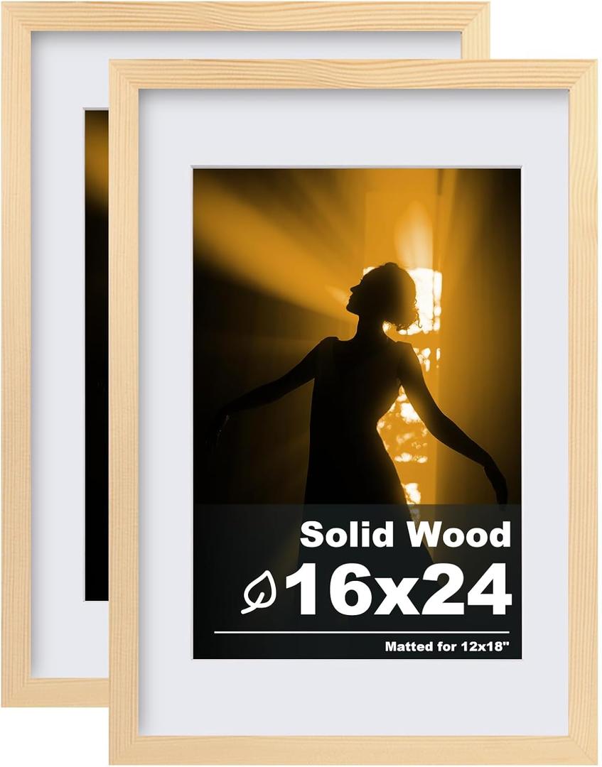 Egofine 16x24 Picture Frame Set of 2 Made of Solid Wood Covered by Plexiglass, Table Top Display and Wall Mounting Photo Frame, Natural Wood
