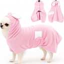 Pet Bathrobe Towel Dog Cat Drying Coat Super Absorbent Cute Dogs Bath Towel Hooded Robe Adjustable Collar & Belly Strap for XSmall to XLarge Pets (Pink, Small)