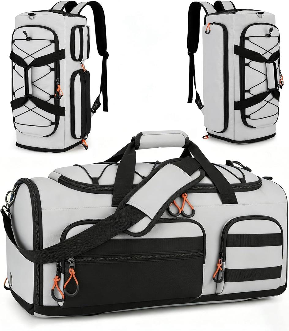 Searock 45L Gym Bag for Men, 3-In-1 Duffle Bag Backpack for Travel, Sports Duffel Bags for Gym Workout, Weekender Overnight Bag with Shoe Compartment, Wet Pocket, Gray (Grey)