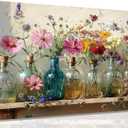 1Pcs Framed Retro Farmhouse Flowers Canvas wall art Colorful wildflowers Posters Prints Colored glass bottles Artwork Pictures Printing Wall Decor for Living Room Bedroom Bathroom Home Decoration
