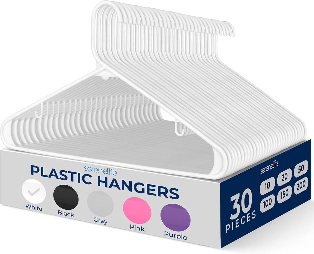SereneLife 30 Pack Plastic Hangers, Non-Slip, Space-Saving Closet Organizers, Durable and Strong for Shirts, Sweaters, Hoodies, Kids Clothes & Dresses, Ultra-Thin, Lightweight