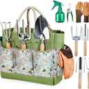 Grenebo Gardening Tools 9-Piece Heavy Duty Gardening Hand Tools with Fashion and Durable Garden Tools Organizer Handbag,Rust-Proof Garden Tool Set, Ideal Gardening Gifts for Women