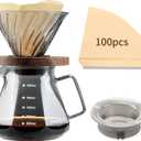 Mongdio Pour Over Coffee Maker, 20 oz High-Heat Borosilicate Glass Coffee Maker with 100pcs V60 Paper Filters, Walnut Handle & Glass Lid, Drip Coffee Maker Set for Home Caf Restaurant - 600ml, Gray