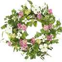 YNYLCHMX 18" Spring Summer Wreaths for Front Door, Artificial Floral Wreath with Pink Hydrangea Green Eucalyptus Leaves, Green Foliage Wreath for Wall Window Farmhouse Party Holiday Home Decor